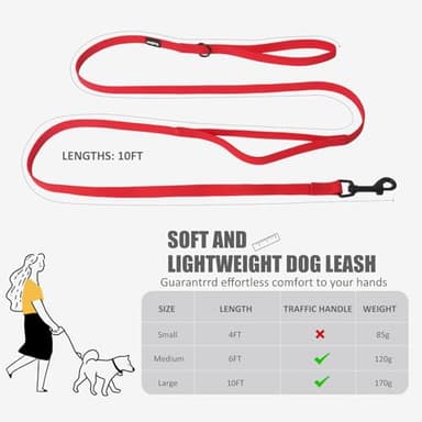 Dog Leash with Electroplated Black Hardware, Lightweight Leash with Traffic Handle, 10FT Waterproof Red Dog Lead Coated with Durable and Odor Free Material for Small and Medium Dogs - Image 5