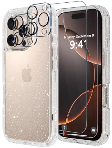 Diverbox for iPhone 16 Pro Max Case [Shockproof] [Dropproof] [Tempered Glass Screen Protector + Camera Protectors] Heavy Duty Protection Phone Case Cover for Apple iPhone 16 Pro Max (Glitter Clear) - Image 1