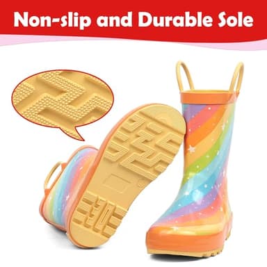 landchief Toddler Rain Boots, Kids Rain Boots Waterproof Rubber Boots for Girls and Boys with Fun Patterns and Easy-On Handles, Size 3, Rainbow Stripes - Image 4