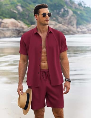 COOFANDY Men's Summer Beach Outfits 2 Piece Short Sleeve Shirts and Shorts Vacation Texture Linen Sets for Men,Wine Red,S - Image 2