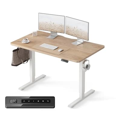 FEZIBO Standing Desk, 48 × 24 Inches Electric Height Adjustable, Sit and Stand Up, Computer Office Desk with Splice Board, White Frame/Maple TOP - Image 1