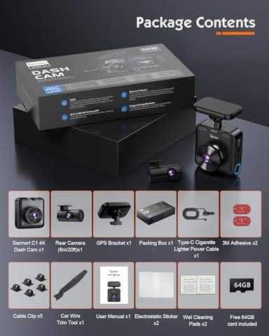 Sarmert C2 4K Dual Dash Cam Front and Rear - Built-in GPS and 5G WiFi, Free 64GB Card Included, 4K UHD Dash Camera for Cars, Night Vision, WDR, Loop Recording, App Control, 24H Parking Mode - Image 6