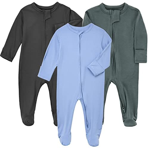 Aablexema Baby Zipper Pajamas Bamboo Rayon, 3pcs Unisex Infant Onesie with Mitten Long Sleeve Footed Pjs(Dark Grey & Olive & Blue,3-6m) - Image 1