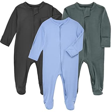 Aablexema Baby Zipper Pajamas Bamboo Rayon, 3pcs Unisex Infant Onesie with Mitten Long Sleeve Footed Pjs(Dark Grey & Olive & Blue,3-6m) - Image 1