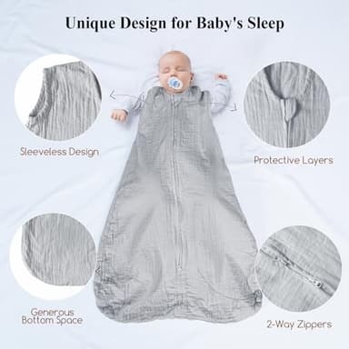 david's kids Muslin Cotton Baby Sleep Sack 18-24 Months, 2 Pack 100% Cotton Sleeping Bag for Summer, TOG 0.5 Baby Wearable Blankets with 2-Way Zipper, Soft Sleep Sacks for Newborn Infant, Grey & Blue - Image 4
