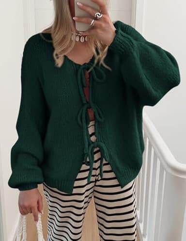 PRETTYGARDEN Women's Tie Front Bow Cardigan Sweaters Chunky Knit Long Puff Sleeve Trendy Fall Winter Jacket Coats (Dark Green,Medium) - Image 5