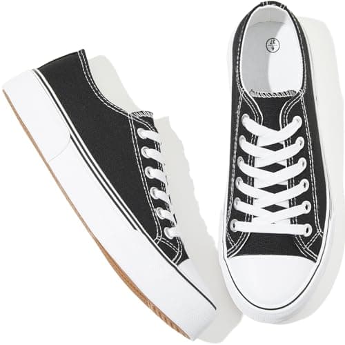 Adokoo Canvas Tennis Shoes for Women Low Top Casual White Black Sneakers for Women Lace Up Fashion Comfortable Walking Shoes (Black,8) - Image 1