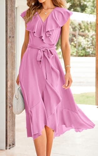PRETTYGARDEN Women's 2025 Summer Cross Maxi Dress Casual Boho Deep V Neck Short Sleeve Ruffle Hem Split Beach Long Dresses (Bright Pink,Large) - Image 4