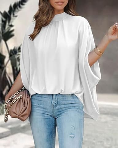 BTFBM Womens Summer Tops 2025 Fall Mock Neck Batwing Sleeve Shirts Loose High Low Hem Oversized Dressy Casual Blouses(White, Large) - Image 2