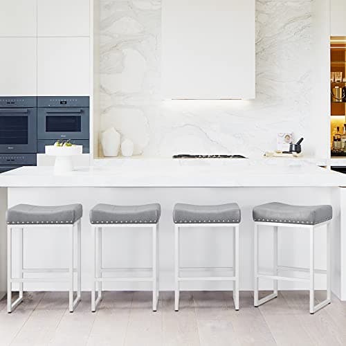 LUE BONA Counter Height Bar Stools, 24" Square Saddle BarStools Set of 4, Modern Backless Faux Leather Counter Stool with White Metal Legs for Kitchen Island Counter,Home Bar,Bistro,Grey - Image 1
