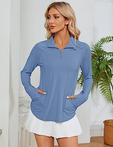 LOMON Womens Workout Tops Long Sleeve 1/4 Zip UV Sun Protection Quick Dry Hiking Athletic Shirts Rash Guard UPF 50+（Haze Blue,XXL） - Image 5