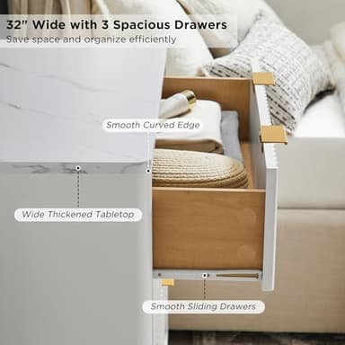 T4TREAM 32" Tall Fluted Nightstand Set of 2, Modern Side Table with Faux Marble Top, 3 Drawers End Table w/Storage, Bedside Table for Bedroom, Living Room, Curved Profile Design, Solid White - Image 5
