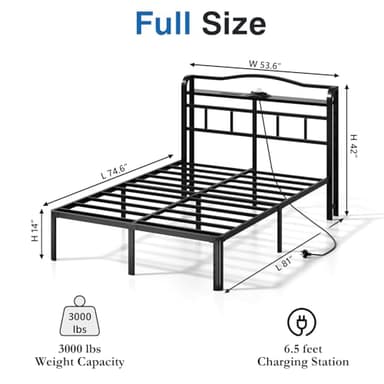 HAVONIZD Full Bed Frame - Storage Headboard with Charging Station & Galaxy Aurora Projector, 14 Inch Sturdy Metal Platform Bed Frame No Box Spring Needed, Easy Assembly, No Noise, Black - Image 2