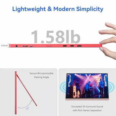 Veout 16Inch Pink Portable Monitor for Laptop, 1920x1200P IPS 16:10 Computer External Screen, 100% sRGB Stand Support Freesync, for Girl Phone, PC Home Use - Image 6