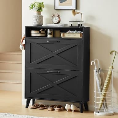 Joaxswe Shoe Storage Cabinet With 2 Flip Drawers, Farmhouse Organizer for Entryway, Narrow Hidden Rack With Wooden Legs & Open Storage, Free Standing Closet for Foyer, Hallway, Black - Image 1