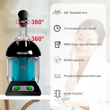 Facial Steamer - DENFANY Nano Ionic Face Steamer with Extendable 360° Rotating Arm - Portable Facial Steamer for Personal Care at Home or Salo (Black) - Image 5