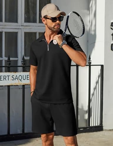 COOFANDY Mens Tracksuit Casual 2 Piece Quarter Zip Polo Shirt and Shorts Set Athletic Jogging Sports Black - Image 3