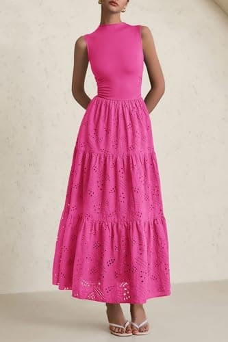 PRETTYGARDEN Summer Dresses for Women 2025 Casual Eyelet Sleeveless Wedding Guest Maxi Dress Tank Top Sundress with Pockets (Rose Red,Small) - Image 5