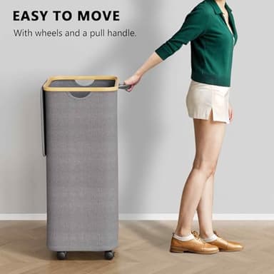 SpaceAid Laundry Hamper with Wheels and Lid, 26 Gal (100L) Rolling Clothes Basket with Bamboo Handle, Large Laundry Hamper for Bedroom, Bathroom, Dorm, Laundry Room - Grey - Image 5