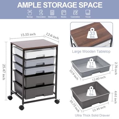 SYKIARIOL Utility Cart with 5 Drawers,Storage Drawer Cart with Wooden Tabletop and Lockable Wheels,Craft Storage Trolley Cart,5-Tier Rolling Utility Cart on Wheels,Dark Grey - Image 3