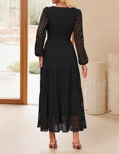 ZESICA Women's 2025 Fall Long Sleeve Maxi Dress V Neck Hollow Out Eyelet A Line Long Flowy Casual Party Dresses Black Large - Image 4