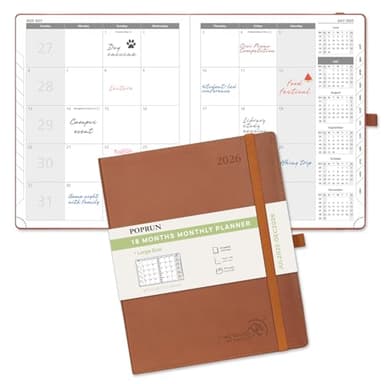 POPRUN Monthly Planner 2025-2026 (Large- 8.5" x 10.5" Soft Cover), 18-Month Calendar Book (Jul.2025-Dec.2026), Calendar Planner with Monthly Tabs & Pocket, 100 GSM Paper - Brown - Image 1