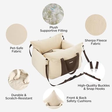 Lesure Small Dog Car Seat for Small Dogs - Dog Booster Seat for Car with Waterproof Bottom, Clip-On Safety Leash and Thickened Memory Foam Filling, Pet Carseat Puppy Travel Carrier Bed, Beige - Image 4