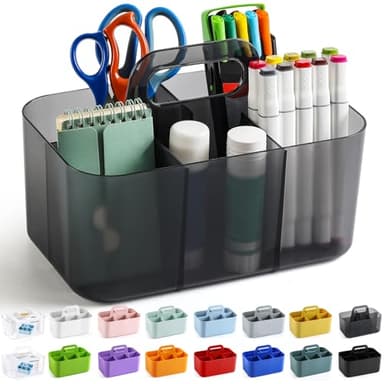 Multiuse Caddy Organizer with Handle - Stackable Plastic Bin - Divided Storage Tote Holder for Art Craft Supplies, Makeup, Bathroom, Shower, Cleaning, Kitchen, Office, Dorm, Desktop - Clear Black - Image 1