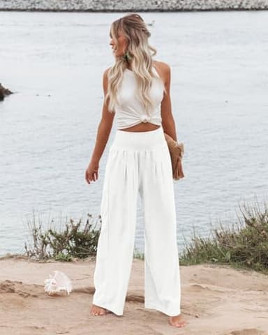Angerella Women's Wide Leg Lounge Pants with Pockets Lightweight High Waisted Summer Beach Loose Flowy Trousers White XXL - Image 2