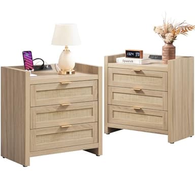 SICOTAS Rattan Nightstands Set of 2 Bedside Table - Larger Night Stand with Type-C Charging Station, 3 Drawers Storage, Boho Night Stands End Table for Bedroom Office - Light Oak - Image 1