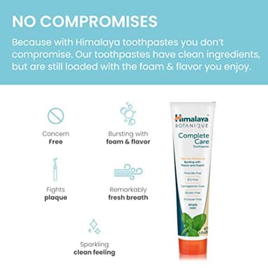 Himalaya Botanique Complete Care Toothpaste, Herbal, Mint Flavor, Fights Plaque, Freshens Breath, Fluoride Free, No Artificial Flavors, SLS Free, Cruelty Free, Foaming, 5.29 Oz, 4 Pack - Image 4