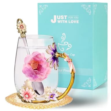 Wisolt Birthday Gifts for Women Mothers Day Gifts for Mom Enamel Glass Tea Cup Gifts for Her Mom Grandma Teacher Friend Anniversary Christmas Valentines Day Glass Coffee Mug with Spoon - Image 1