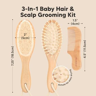 Baby Hair Brush and Comb Set for Newborn - Wooden Baby Hair Brush Set with Soft Goat Bristle, Baby Brush Set for Newborns Baby Brush and Comb Set Girl, Boy, Toddler Cradle Cap Brush (Oval, Walnut) - Image 2