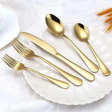 Briout Gold Silverware Set, 20 Piece Golden Cutlery Set Service for 4, Stainless Steel Flatware Set Include Spoons Forks Knives Tableware Utensil Set for Kitchen Home Restaurant, Shiny Gold Polished - Image 6