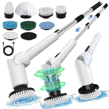 Electric Spin Scrubber - Cordless Cleaning Brush with Digital Display, 2 Speeds, 8 Brush Heads, IPX7 Waterproof, Adjustable Long Handle for Bathroom, Tub, Tile, Shower, and Car - Image 1