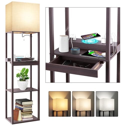 RUNTOP Floor Lamp with Shelves, Modern Standing Lamp with Wireless Charger, 1 Drawer and 2 USB Ports & 2 Power Outlet, 15W LED Bulb 3 Colors, Memory Function, Shelf Lamp for Living Room and Bedroom - Image 1