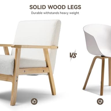 COMHOMA Mid Century Modern Accent Chair, Upholstered Living Room Chairs with Solid Wood Armrest, Comfy Reading Armchair for Bedroom, Sunroom, Balcony (Straight Armrests, White) - Image 7