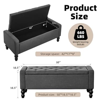 DRM‘SCUUM 50" W Storage Ottoman Bench with Safety Hinge, Load up to 660 lb Ottoman with Storage, Upholstered Tufted Entryway Bench with Seating for Living Room, Bedroom, Entryway, Dark Gray - Image 2