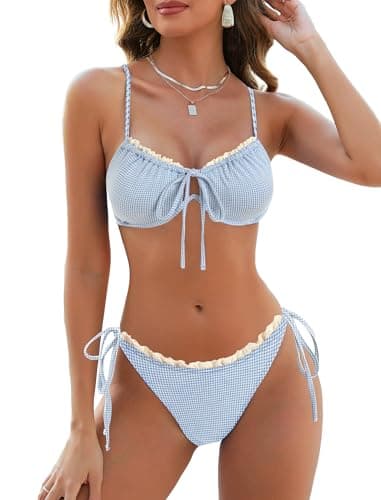 ZAFUL Women High Cut Bikini Sets Lace Thong Swimsuit Two Piece String Sexy Underwire Bathing Suit Cheeky Cut Out Cute Swimwear Gingham Blue S - Image 1