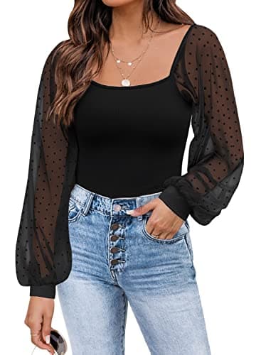 DOROSE Womens Mesh Long Sleeve Shirts Casual Blouses Tops Black L - Image 1