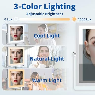 Ruacq Rechargeable Wall Mounted Makeup Mirror with Lights, Double Sided 1X/10X Magnifying Vanity Mirror with 3 Color Lighting, Touch Screen Dimmable, 360° Rotation Extension Foldable Arm(Chrome) - Image 6