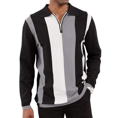 Men's Fashion Polo Shirts Vintage Striped Knitting Shirts Casual Slim Fit Golf Shirts - Image 1