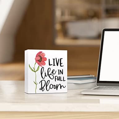 Live Life In Full Bloom Wood Sign - Rustic Flowers Spring Wood Block Plaque Box Sign For Farmhouse Home Dining Room Garden Shelf Tabletop Decoration - Image 5