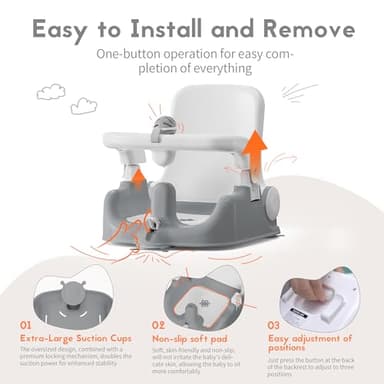 BabyBond Baby Bath Seat with Sitting & Lying 2 Modes, 3-Speed Adjustment, Powerful Suction Cups, Infant Bathtub Chair with Soft and Comfortable Towel, Folding and Hanging - Image 5