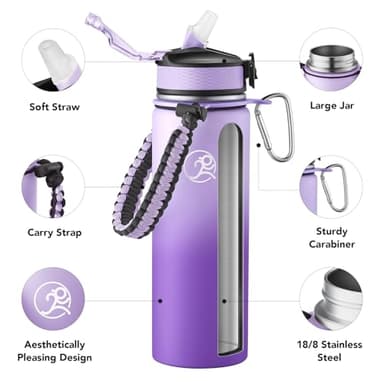 GOSWAG Insulated Sports Water Bottle, 24oz 2 Lids(with Straw/No Straw), Stainless Steel Water Bottles with Paracord Handle, Insulated Bottle with Double-Wall Vacuum Insulation - Image 3