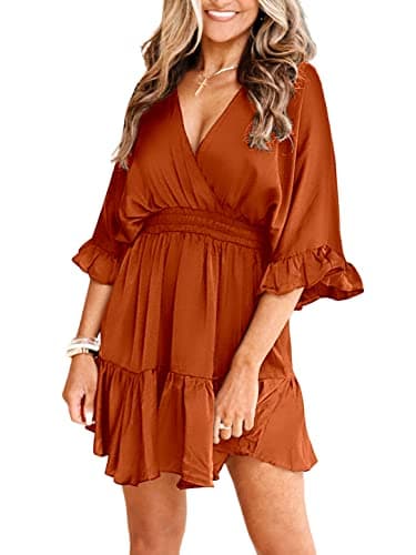 Aoysky Womens V Neck Casual Dresses Summer Loose High Waist Ruffle Pleated Cute Mini Short Dress Orange Brown - Image 2