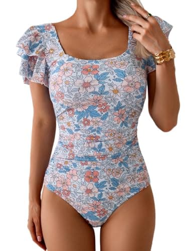 Eomenie Women's Tummy Control One Piece Swimsuit Ruffle Square Neck Bathing Suit Ruched Cutout Back Slimming Swimwear - Image 1