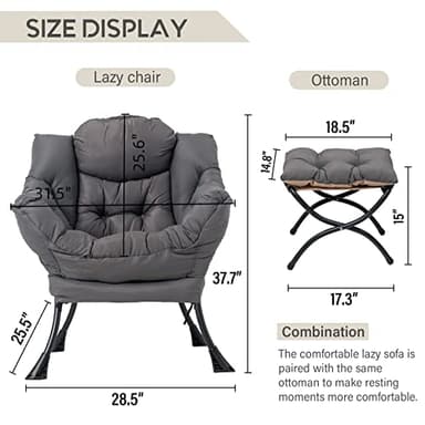LITA Lazy Chair with Ottoman, Modern Accent Leisure Upholstered Lazy Sofa Armchair, Contemporary Lounge Reading Chair with Armrests and a Side Pocket for Living Room, Bedroom & Small Space, Dark Grey - Image 3