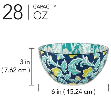 Tapestry 6.25" Porcelain Bowls, 30 oz. Set of 6 – Assorted Vibrant Floral & Patterned Designs in Aqua, Navy & Yellow – Versatile for Soup, Pasta, Salad, Snacks, Rice, or Serving Dishes - Image 3