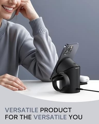 ZEEHOO 3 in 1 Charging Station for Apple Devices, Mag-Safe Charger Stand, Qi2 15W Auto-Rotating Wireless Charger for iPhone 17 16/15/14/13/12 Series& AirPods& iWatch(Black) - Image 6